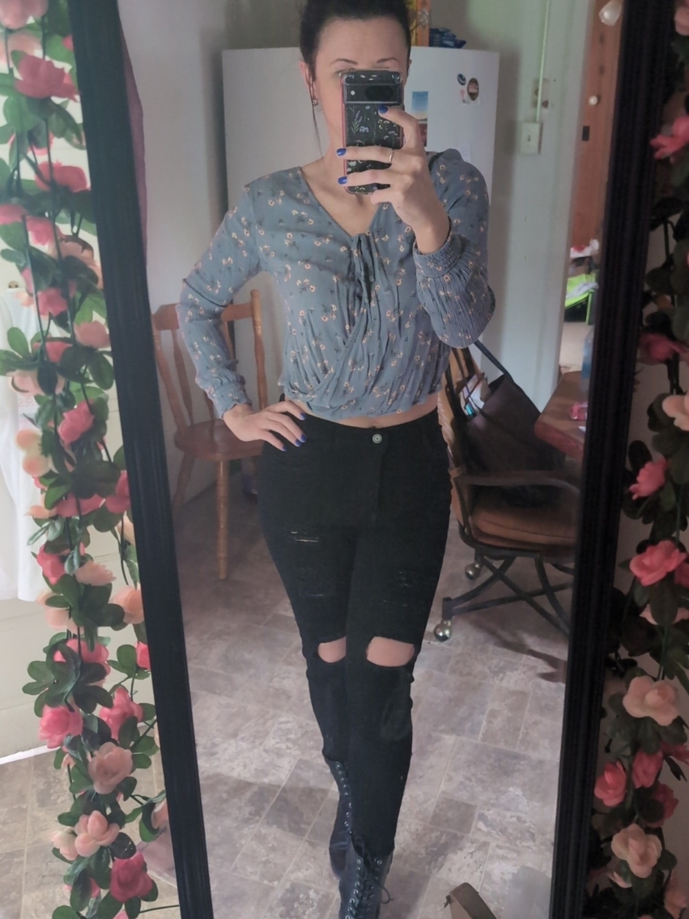 Hollister Blue Floral Long-Sleeve Tie-Front Blouse